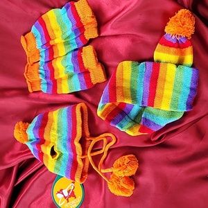 Hat, scarf, legwarmer set for smallish dogs. Brand new with tags.